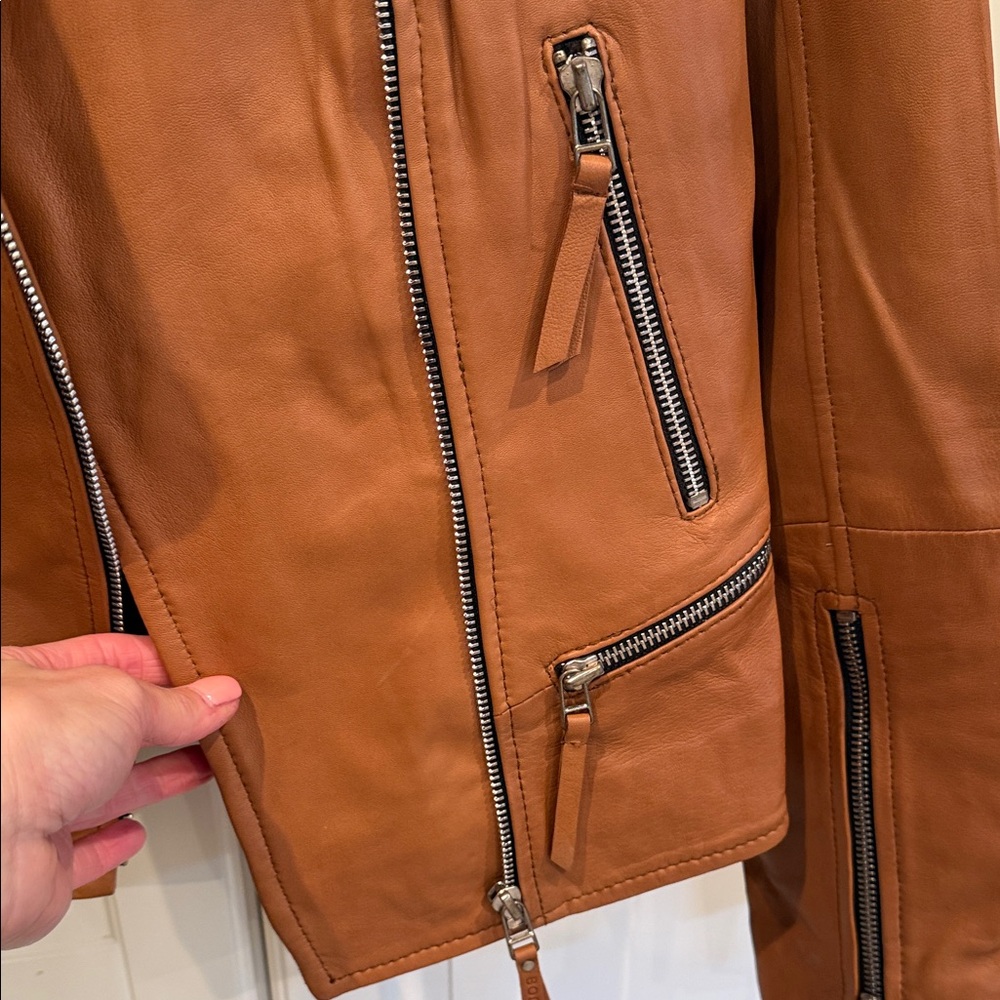 Women's Leather Moto Jacket - Cognac - Picture 6 of 9